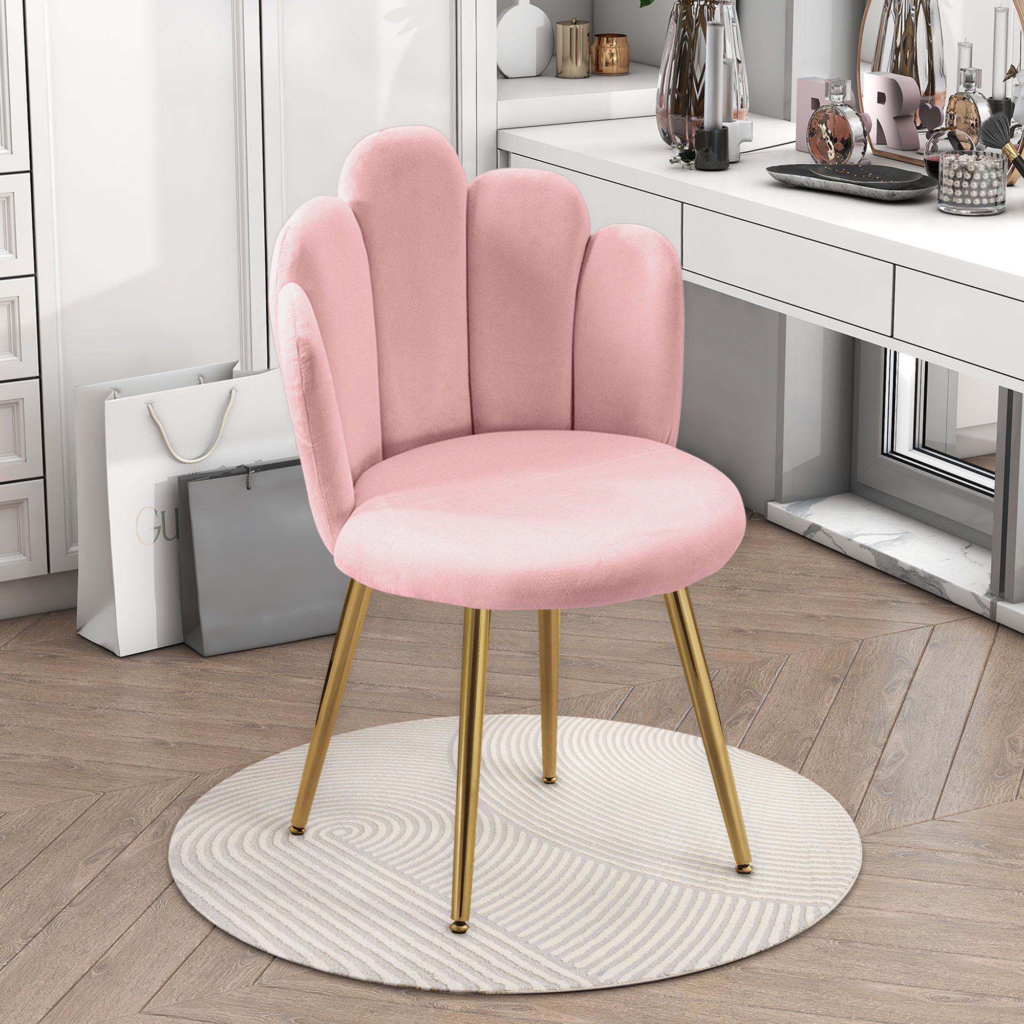 Latara Velvet Vanity Chair Side Chair Makeup Chair with Metal Legs Mercer41 Leg Color Gold Fabric Pink Velvet